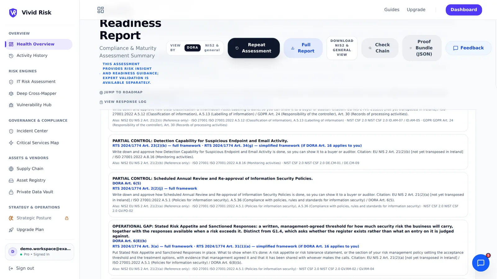 An assessment report listing partial controls and gaps, each with its DORA, RTS 2024/1774, NIS 2, ISO 27001:2022, NIST CSF 2.0 and GDPR citations.